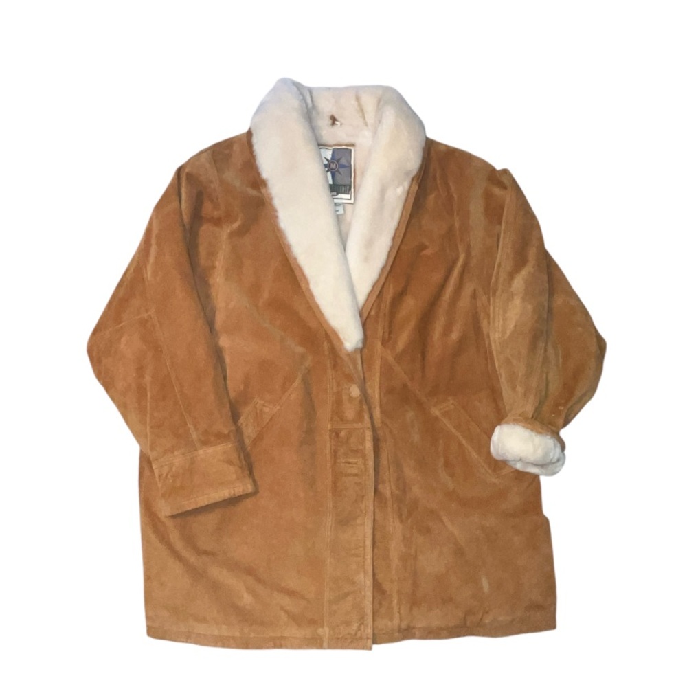 Vintage Camel Genuine Suede Leather Shearling Coat Faux Fur Liner Jacket Plus 3X
